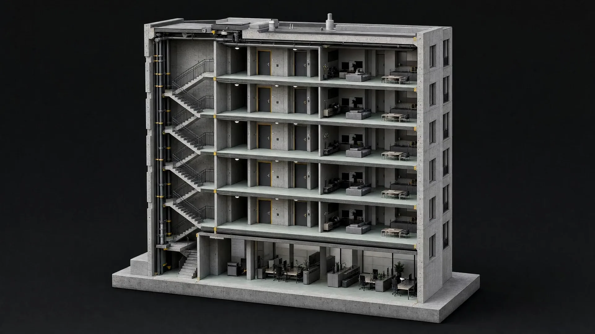 Cast concrete cutaway model of a six-storey block of flats over an office, its floors, stair and service riser exposed