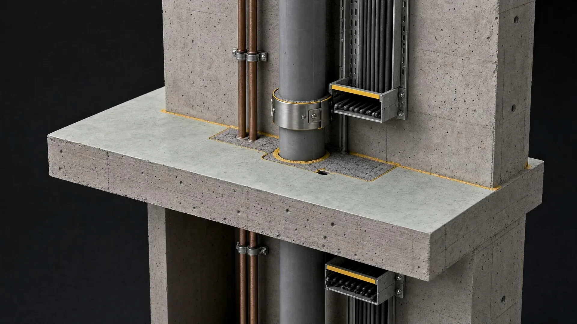 Cutaway of a service riser with pipes and cables passing through a concrete floor, the seals marked in yellow