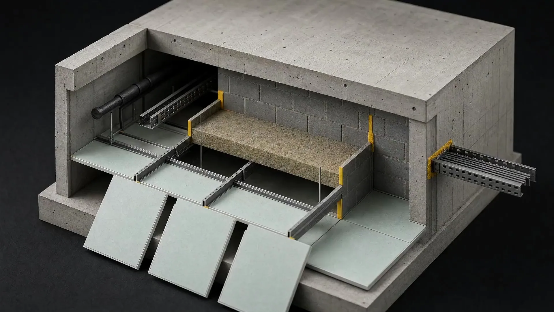 Cutaway of a suspended ceiling void showing a compartment wall head and a cavity barrier