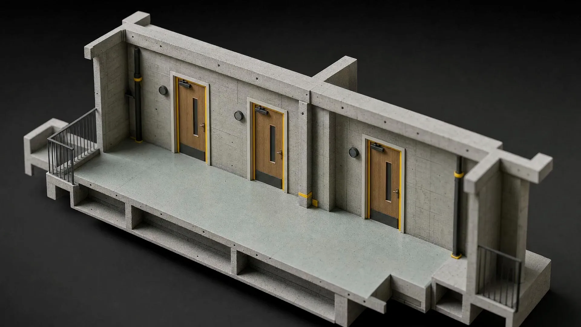 Cutaway of a communal corridor with self-closing fire doors, the door edges marked in yellow