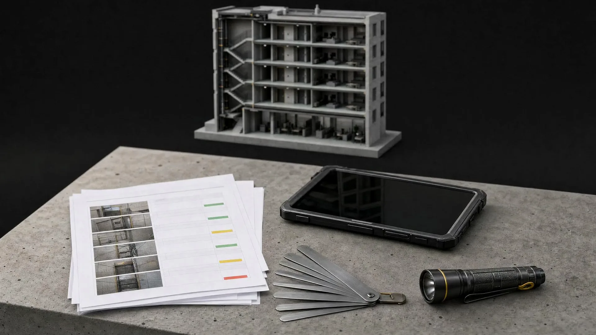 Inspection report pages, a tablet, feeler gauges and a torch on a concrete table beside the building model