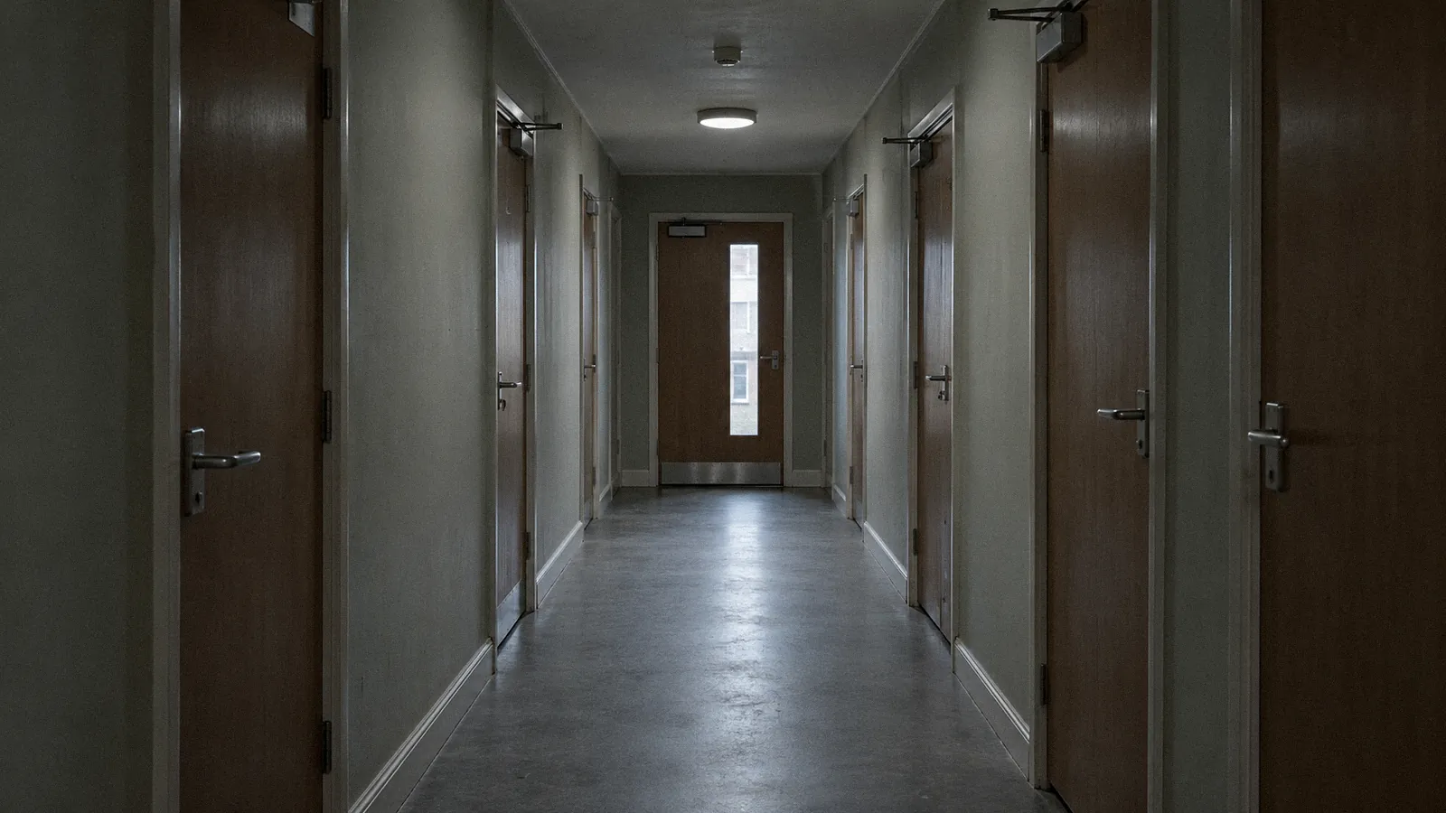 Communal corridor in a block of flats with closed flat entrance doors