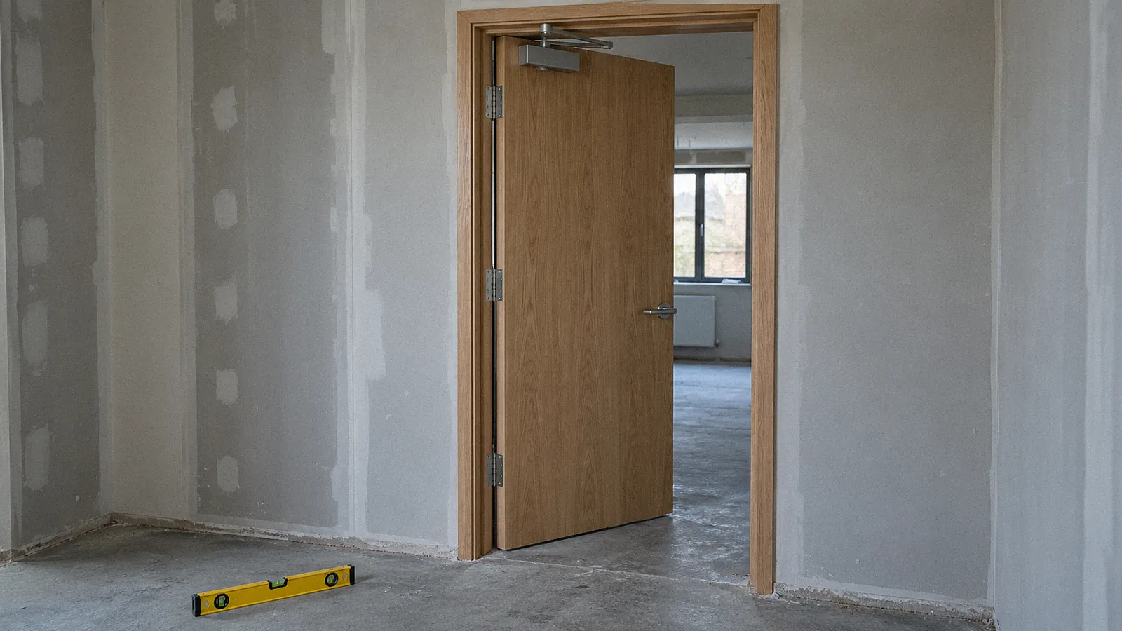 Fire door frame with hinges, closer and seals visible during installation