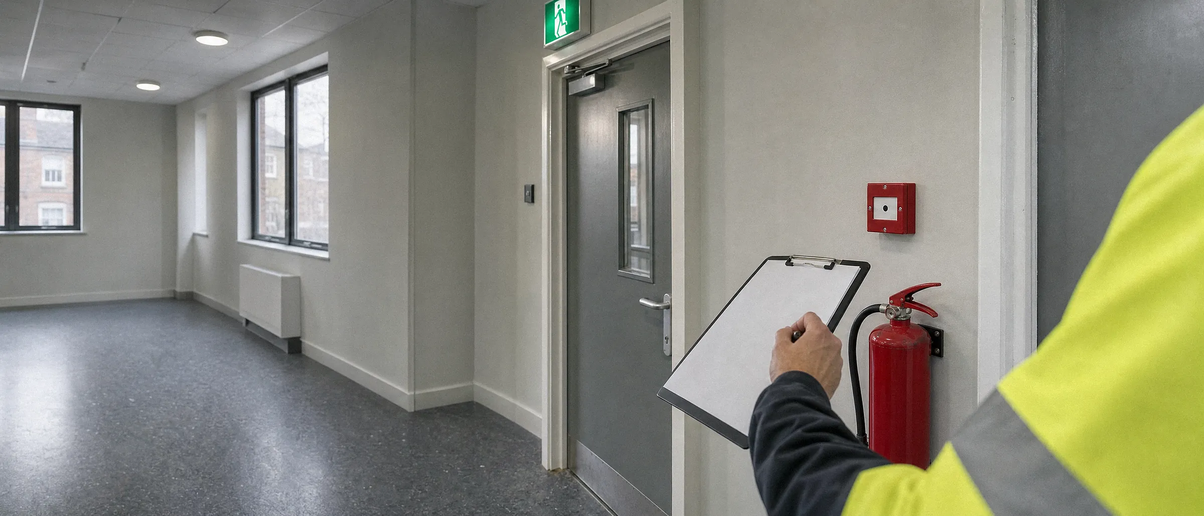 Assessor checking a fire alarm call point on an office escape route