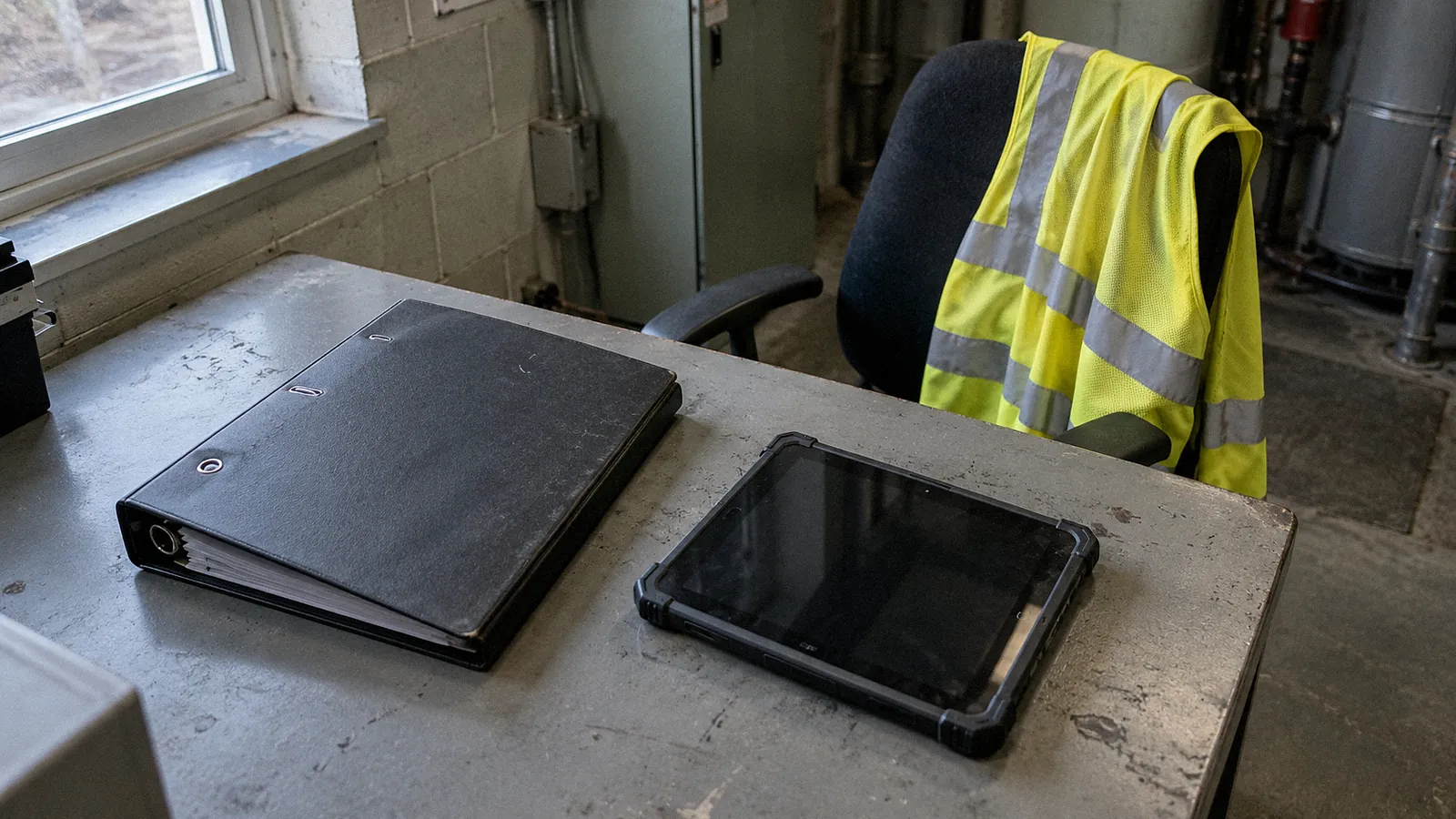 Fire safety logbook and a tablet on a desk in a plant room office