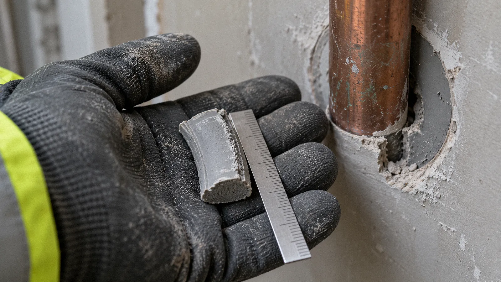 Section of fire stopping sealant cut out to check its depth during a destructive test
