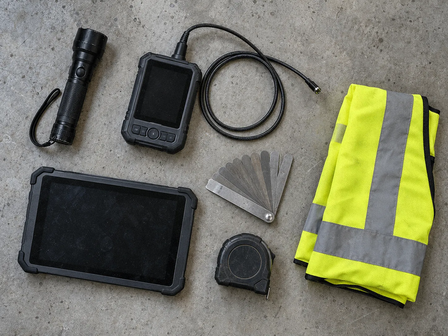 Inspection equipment: torch, borescope, tablet, feeler gauges and hi-vis vest