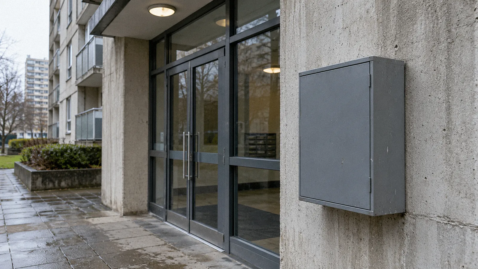 Secure information box beside the entrance of a high-rise residential building